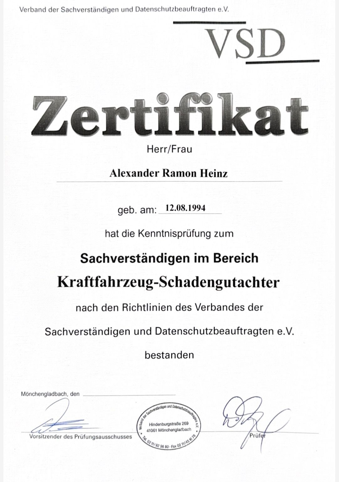 Zertifikat: Sachverständiger im Bereich Kraftfahrzeug-Schadengutachter (VSD)