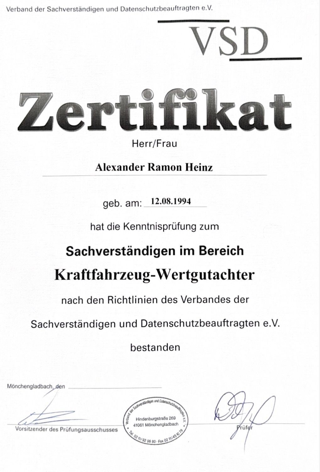 Zertifikat: Sachverständiger im Bereich Kraftfahrzeug-Wertgutachter (VSD)