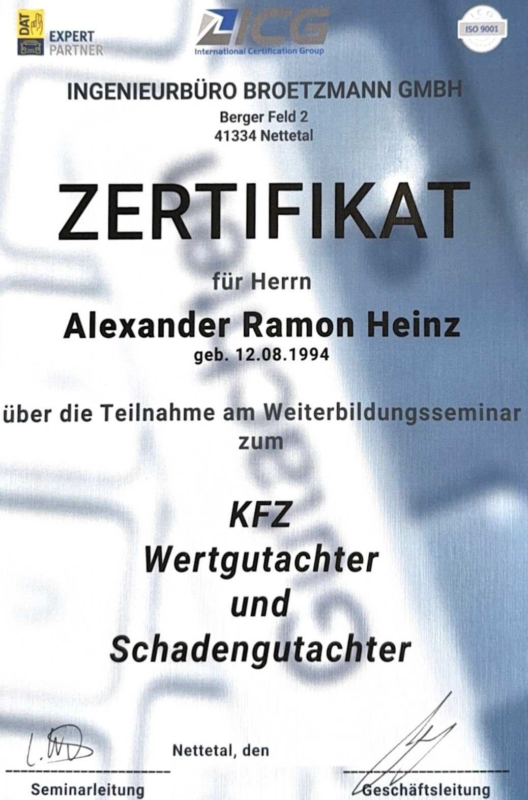 Zertifikat: Weiterbildungsseminar zum KFZ Wert- und Schadengutachter (Ingenieurbüro Broetzmann)