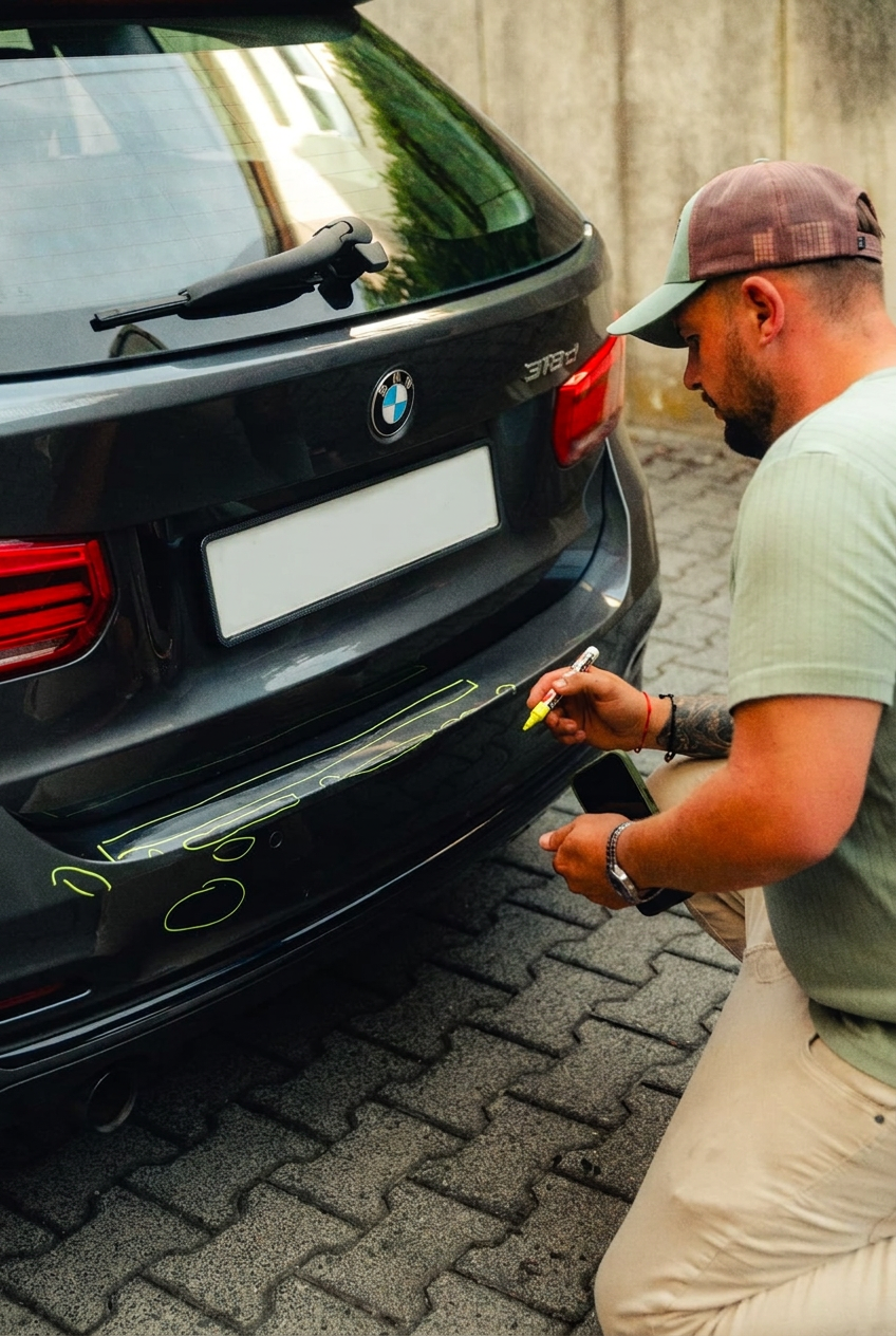 Alexander Heinz markiert Schäden am Heckstoßfänger eines BMW